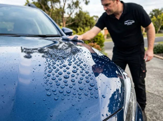 Water beading on a ceramic-coated car paint surface in Hobart