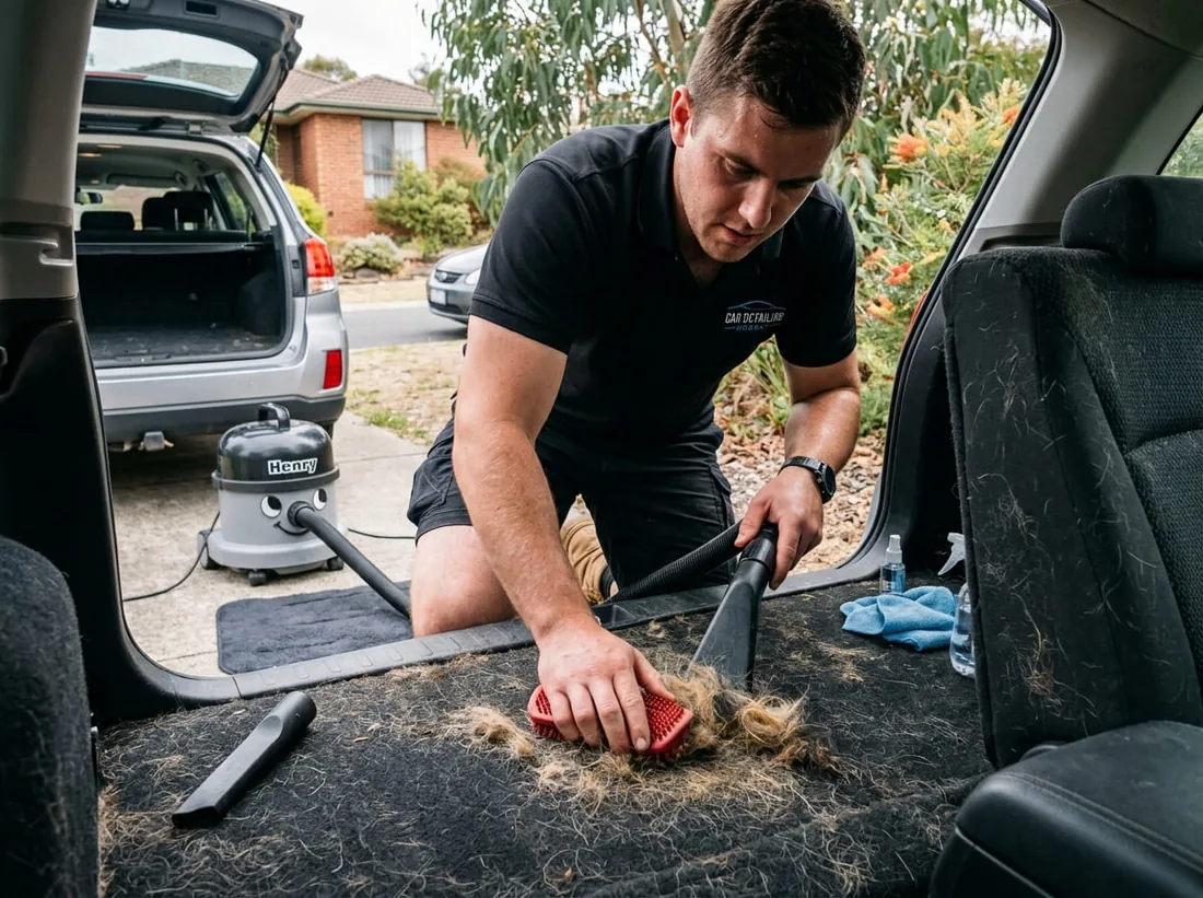 Detailer removing pet hair from a car interior in Tasmania