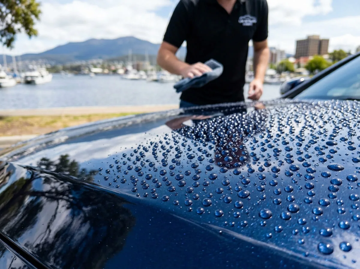 Detailer hand-washing a car in a Hobart driveway
