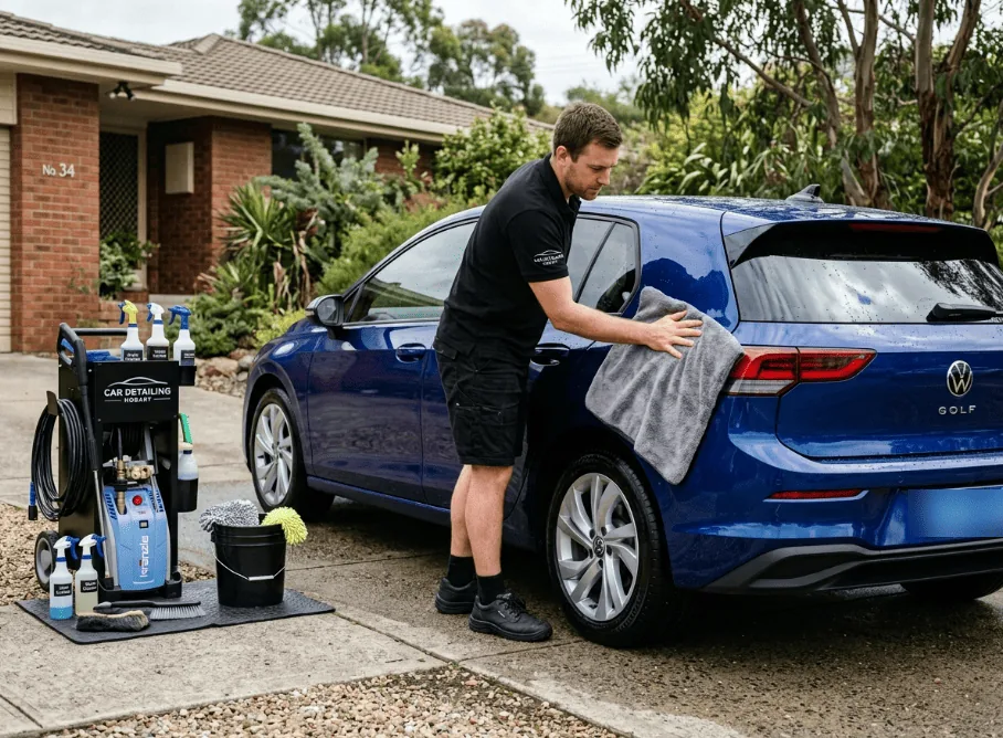 Mini detailing service underway as part of a seasonal Hobart car care routine