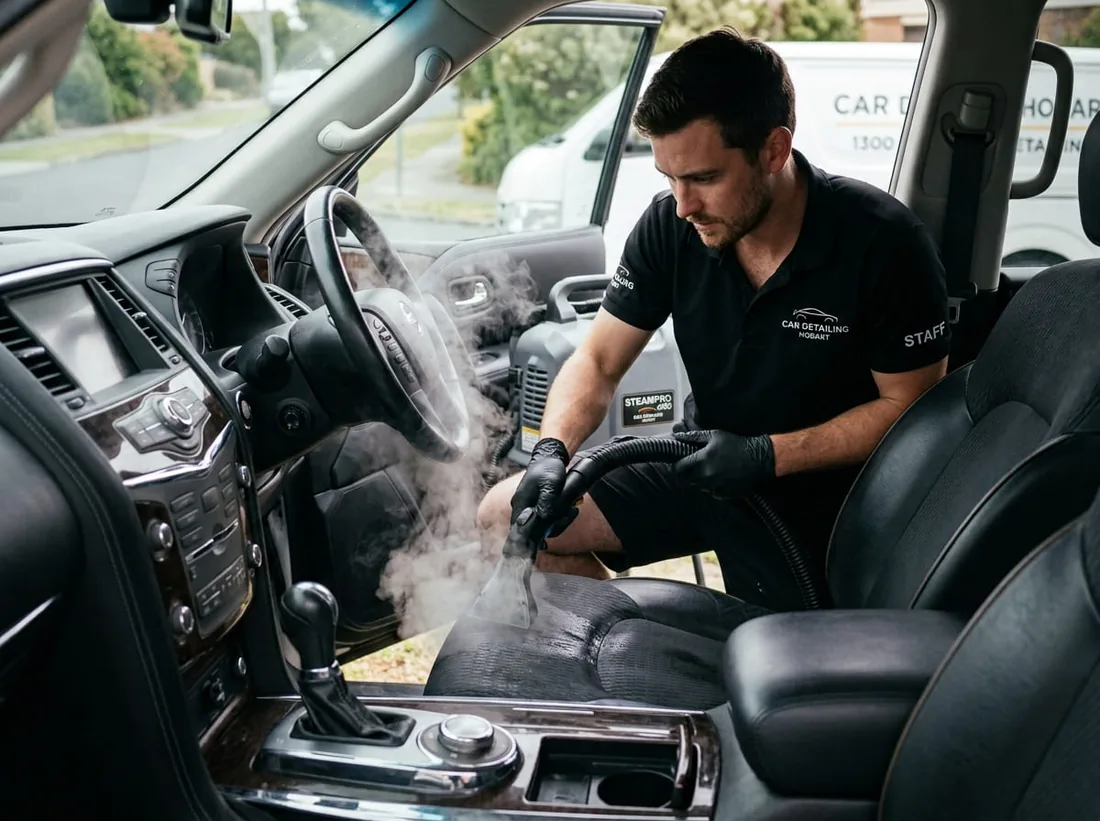 Chemical-free steam cleaning of a car interior in Hobart