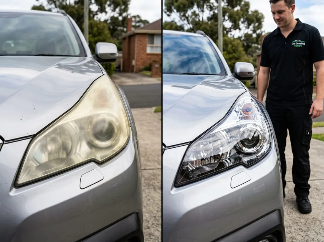 Before and after headlight restoration showing UV yellowing removed